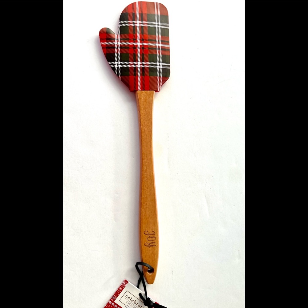 Christmas Mitten Shaped Plaid Silicone Spatula Wood Handle Joy Engraved - Picture 2 of 8
